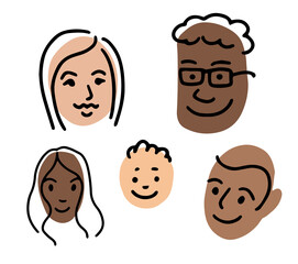 Family portrait. Doodle avatar set. Woman, man, boy, girl, teenager face portrait, grandmother grandfather old, young man, hairstyle, african, asian, caucasian, american. Vector illustration.