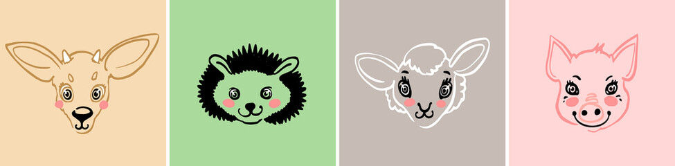 Forest animals portrait: pig, sheep, hedgehog, fox, deer. T-shirt print sketch. Cartoon cute animal head illustration. Vector hand drawing doodle logo style.