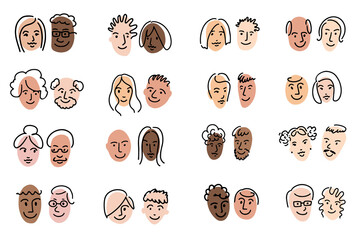 Different couple family portrait. Doodle avatar set. Woman, man, old adult face portrait, grandmother grandfather old, young man, hairstyle, african, asian, caucasian, american. Vector illustration.