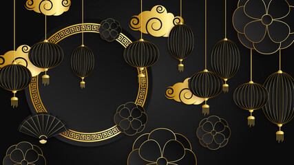 Obraz na płótnie Canvas Black and gold chinese china background with lantern, lamp, border, frame, pattern, symbol, cloud, rigid fixed fan and flower.