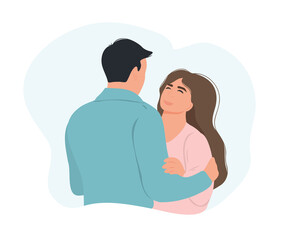 A man hugs a woman and she looks at him with a smile. A couple in love stands face to face. The concept of support, care and love between friends or in a happy family. Flat vector illustration.