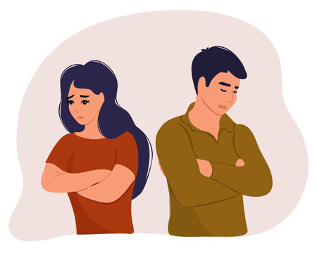
A man and a woman in a quarrel stand with their backs to each other. Conflicts between husband and wife disagreement, resentment, divorce or misunderstanding in the family. Flat vector illustration