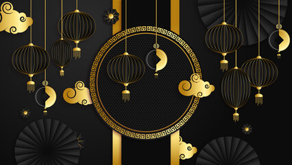 Black and gold chinese china background with lantern, lamp, border, frame, pattern, symbol, cloud, rigid fixed fan and flower.