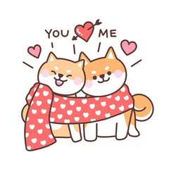 Draw vector illustration character design couple of shiba inu dog with text for valentines day.Love concept doodle cartoon style.