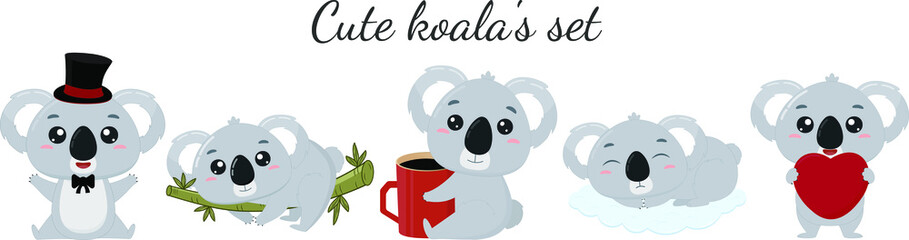 Cute little australian koala's. Set of cartoon koala's on a white background. Vector illustration © DisignUA