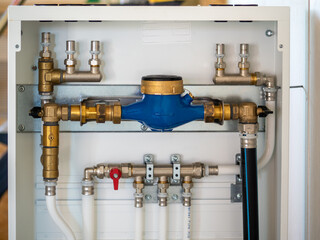Image of Distributor of central heating. Warm floor heating pump and pipes