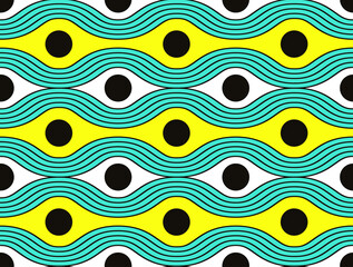 polka dots and waves seamless pattern blue yellow pop colors