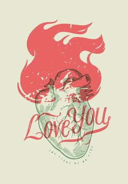 Realistic vintage heart on fire with Love You elegant typography isolated Valentines day vector illustration.