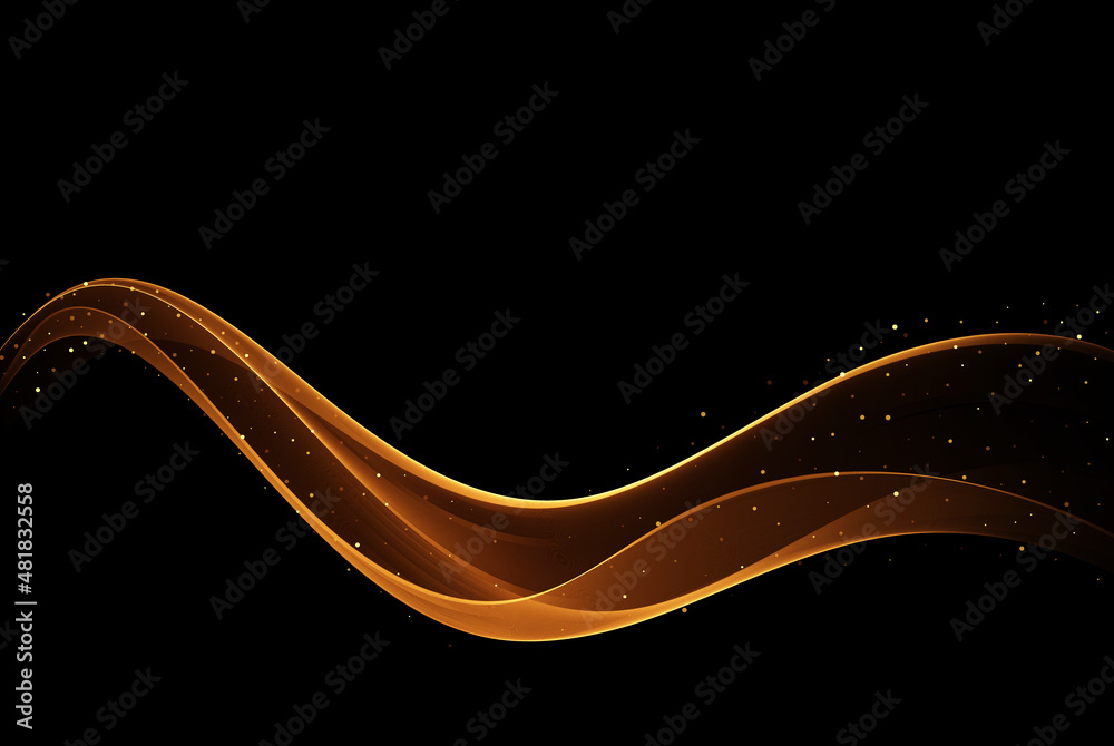 Wall mural vector abstract shiny wavy golden color wave design element with glitter effect on dark background.