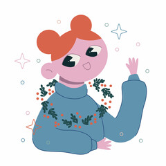 Vector flat cartoon illustration. The girl with New Year, Christmas wreath.