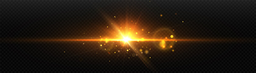 Bright yellow light effect, flash of light in outer space for vector illustration.