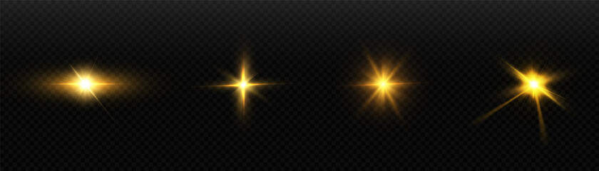 Collection of bright yellow light effects with rays and glare for vector illustration.