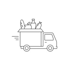 Lorry truck delivering food vector line icon isolated outline illustration. Truck with grocery food in a cardboard box