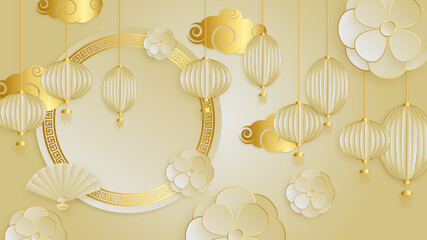 Modern 3d gold chinese china background with lantern, lamp, border, frame, pattern, symbol, cloud, rigid fixed fan and flower.