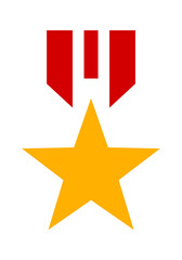 Fototapeta premium Gold Star Medal With Red Ribbons isolated on white background. Best used for Emblem, clipart, veteran celebration, military recognition, badge, symbol, logo, award, posters.