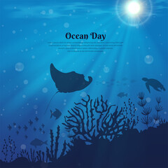 World oceans day background with sunlight, stingray, school fish and turtle. Oceans day design vector illustration - obrazy, fototapety, plakaty