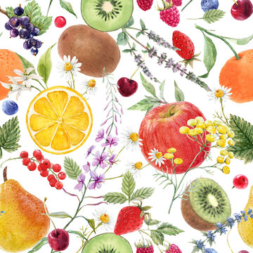 Beautiful seamless pattern with hand drawn watercolor tasty summer pear apple grape cherry plum fruits. Stock illustration.