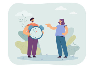Woman pointing index finger at man holding alarm clock. Male and female characters managing time flat vector illustration. Time management concept for banner, website design or landing web page