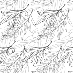 Fototapeta premium Seamless pattern with ink olive branches on white background.