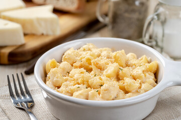 Macaroni and cheese in a white baking dish