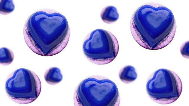 Animated Heart shaped mousse cheese cake decorated blue chocolate icing flying and wiggle in in the air  on isolated background. Valentines day, Date, Wedding, 8 March, Womens gift. Romantic love co