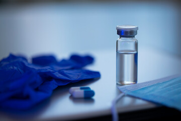 Vial. Bottle vaccine. Pills. Medicine