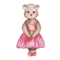 Watercolor illustration of hand painted brown teddy bear girl in dance studio in pink dress, ballet shoes. Cartoon animal character. Isolated clip art for children fabric textile prints, poster © Olga Sidelnikova