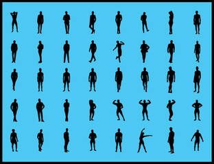 Large set of 40 vector silhouettes of men, a group of standing and walking business people, black, isolated on a white background