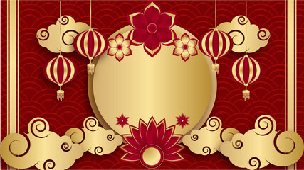 Red and gold papercut chinese background template. Chinese china universal red and gold background with lantern, flower, tree, symbol, and pattern.