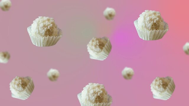 Minimal motion design 4k food animation. Set Candy truffles snowball with almonds and coconut animated wiggle and move at trending multi colored gradient background. Valentine's Day girls gift. 