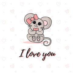 Cute little mouse with pink polka-dot bow and hearts. Happy Valentines Day. Love and romance. I love you.