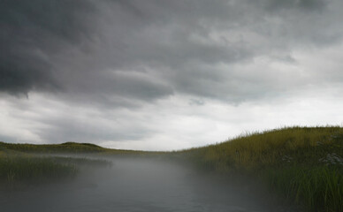 Obraz premium Misty river in rolling countryside under a cloudy sky. 3D render.