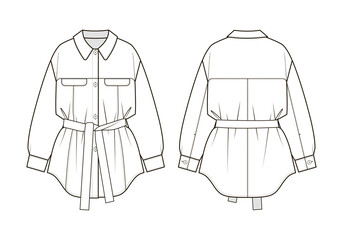 Fashion technical drawing of belted shacket