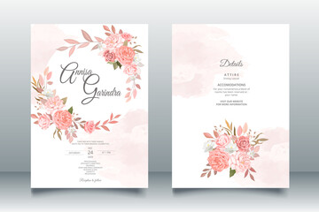 Wedding invitation template set with brown  floral and leaves premium vector