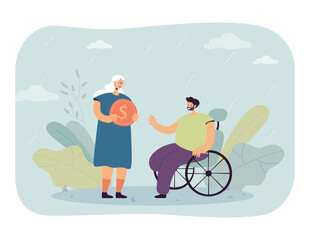 Fototapeta na wymiar Elderly woman giving money to man in wheelchair. Old lady offering gold coin to person with physical disability flat vector illustration. Disability, charity concept for banner or landing web page
