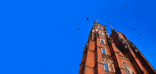 Katedra Wrocław na tle niebieskiego nieba. Ostrów Tumski	 - obrazy, fototapety, plakaty