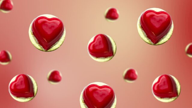 Collection of many different diameters Heart shaped cheese cake, flying and wiggle on red color gradient background. Valentine, Date, Wedding holidays party concept. 4k motion design graphics art foo