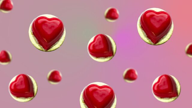 Minimal motion design 4k food animation. Heart shaped mousse cheese cake decorated red chocolat icing animated wiggle and move at trending multi colored gradient background. High quality 4k footage. V