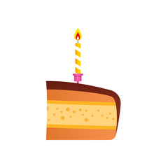 Chocolate cake piece with burning candle. Birthday design element in cartoon style isolated on a white background. Vector 10 EPS.