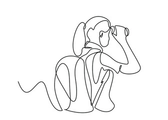 woman with bag looking forward with binoculars in nature