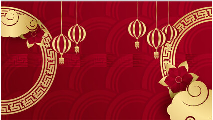 hanging lantern paper style red gold chinese design background