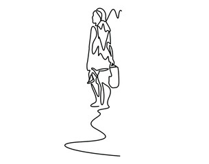 woman walking outside holding high heels and holiday bag drawing concept