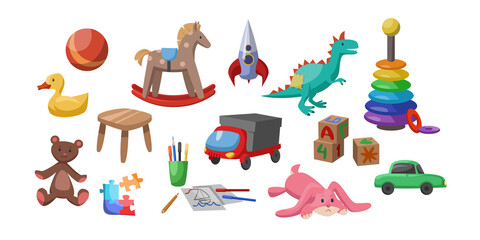 Cute toys from plush, plastic and wood vector illustrations set. Wooden building bricks, pencils, toy cars for babies, nursery elements isolated on white background. Childhood, entertainment concept