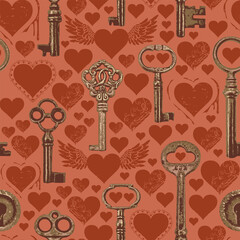 Seamless pattern on the love theme with hearts and old bronze keys on a red backdrop. Repeating vector background in retro style for valentine greeting. Suitable for Wallpaper, wrapping paper, fabric