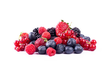Ripe berries mixed assortment on white background. Summer berries sweet background.