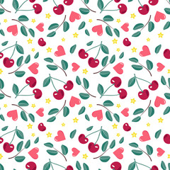 Cute seamless pattern with cherries, hearts, star and leaves. Festive print, valentine day decoration for wrapping paper, textile and design. Vector flat illustration