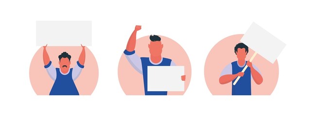 Fototapeta premium A group of Men with with a blank banner in their hands isolated. Cartoon style. Vector