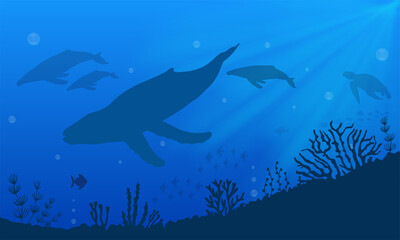 Underwater landscape background with silhouette of whale. Underwater background vector illustration