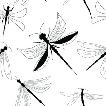 Stricose black on white background. Pattern with butterflies. 
