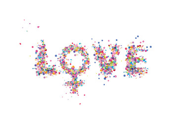 multicolored word Love - and gender symbol confetti